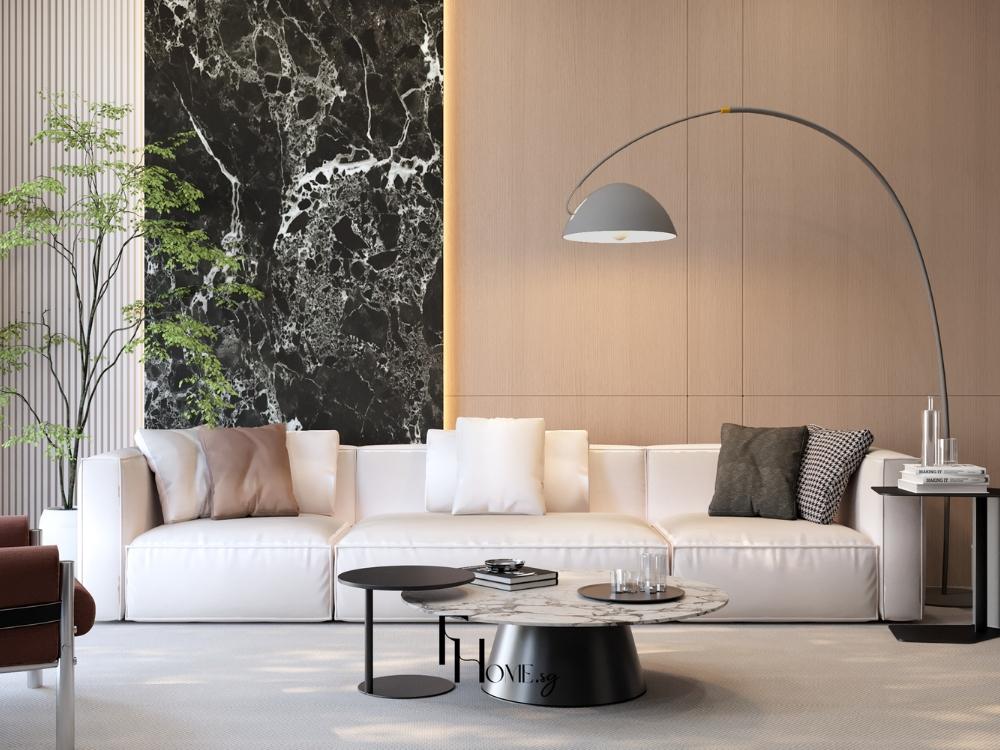 Thiết kế phòng khách nhà phố 4x10m với bố trí sofa văng sát tường và gam màu sáng, tạo cảm giác rộng rãi và thoáng đãng