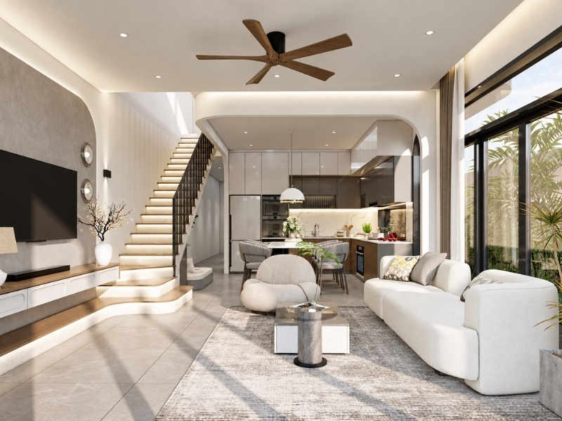 Thiết kế phòng khách nhà phố 66m2 không gian mở kết nối sân vườn