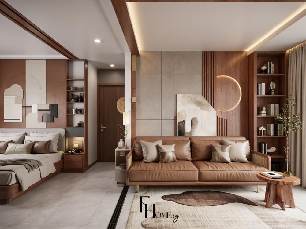 Thiết kế phòng khách nhà phố cao cấp với sofa gỗ tự nhiên, tủ kệ gỗ óc chó và hệ thống chiếu sáng tạo không gian ấm cúng
