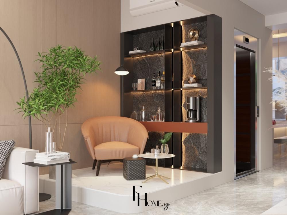 Thiết kế phòng khách nhà phố phong cách hiện đại với các đường nét rõ ràng, vật liệu kim loại, kính và bê tông