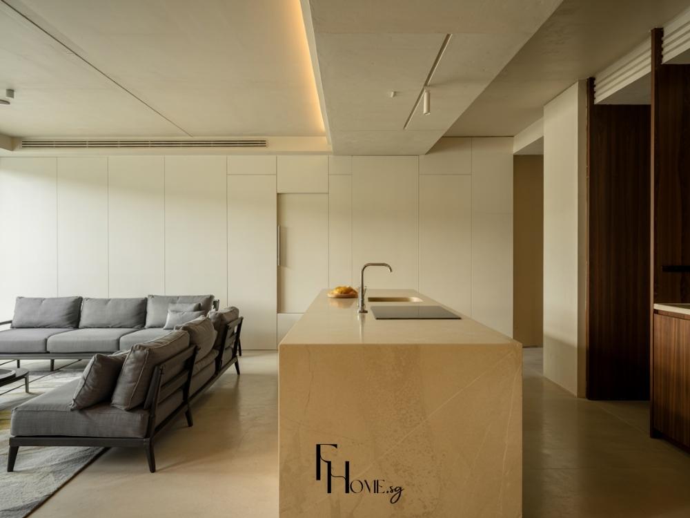 Thiết kế phòng khách nhà phố với chất liệu laminate chống ẩm và đá nhân tạo Quartz kháng khuẩn