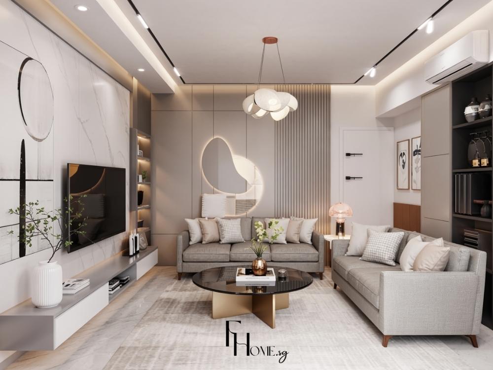 Thiết kế phòng khách nhà phố với sofa làm trung tâm, kệ tivi treo tường và hệ thống chiếu sáng đa tầng