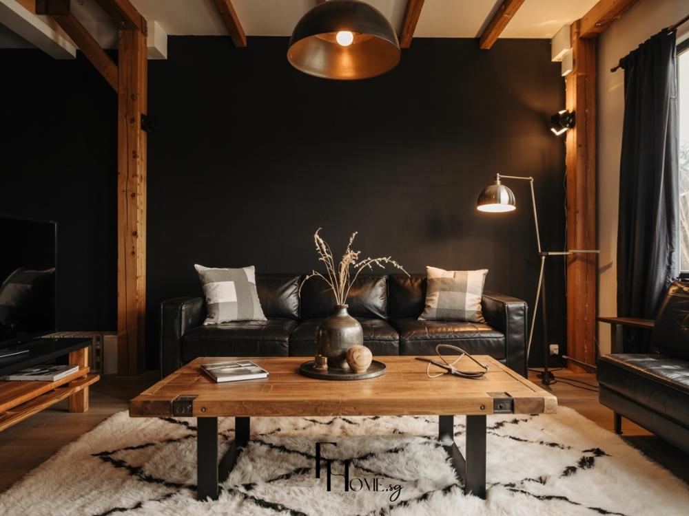 Thiết kế phòng khách nhà phố với sự tương phản giữa màu đen trắng