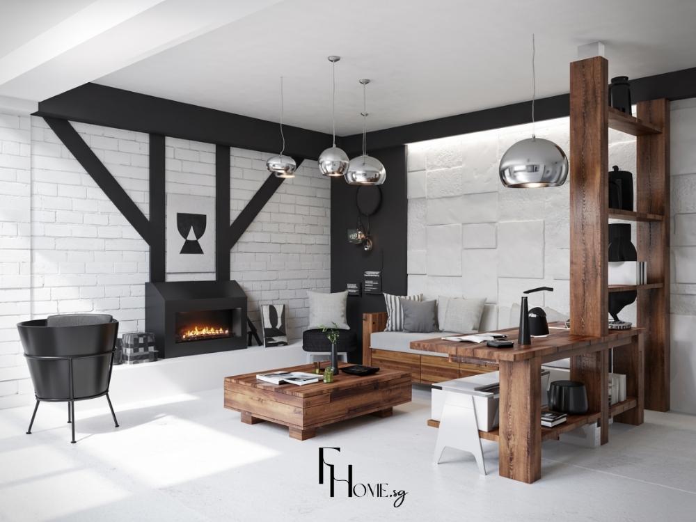 Thiết kế phòng khách nhà phố với sự tương phản giữa màu đen và trắng, gỗ thô và kim loại láng