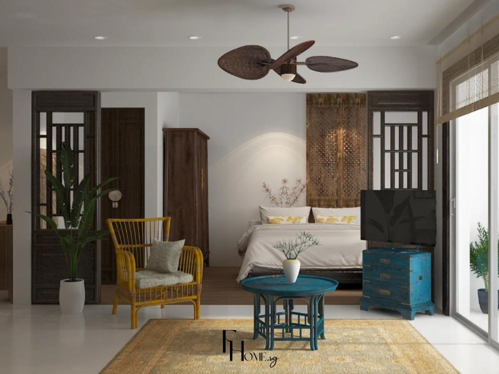 Thiết kế phòng khách phong cách Indochine với nội thất gỗ tự nhiên, mây, tre và các chi tiết họa tiết kỷ hà