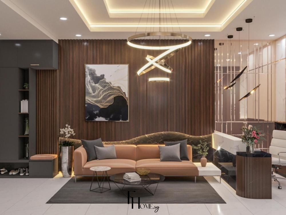 Thiết kế phòng khách phong cách Luxury với các món đồ bespoke, vật liệu cao cấp như đá marble, gỗ quý và kim loại mạ vàng