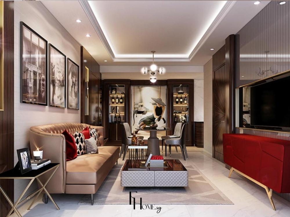 Thiết kế phòng khách phong cách Luxury với tông màu trắng vàng sang trọng