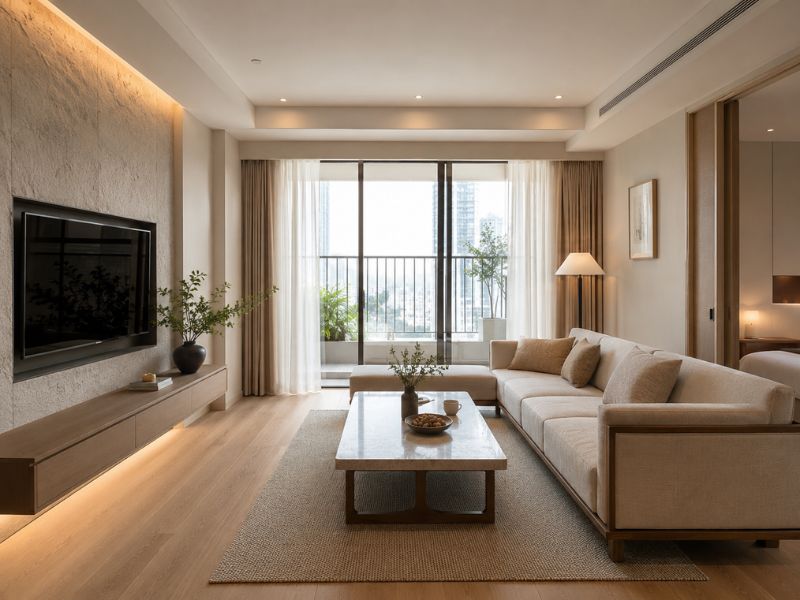 Thiết kế phòng khách phong cách Nhật Bản hiện đại với sofa dài, bàn trà mặt đá và ban công đón sáng