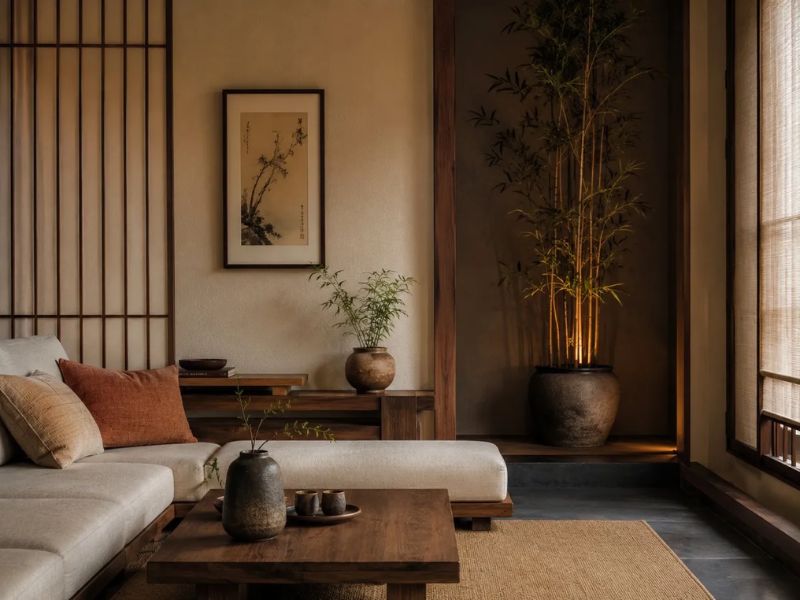 Thiết kế phòng khách phong cách Nhật Bản kết hợp cây trúc, sofa thấp và ánh sáng ấm