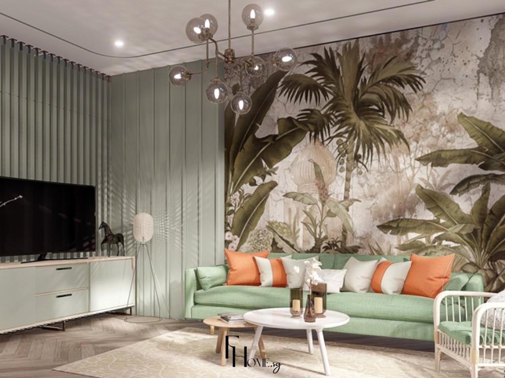 Thiết kế phòng khách phong cách Tropical tone xanh lá pastel