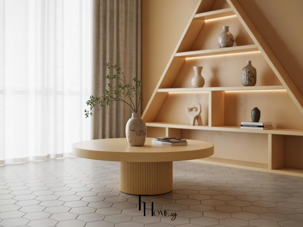 Thiết kế phòng khách với các yếu tố hình học như kệ tam giác, bàn tròn và gạch lục giác, tạo không gian sống hiện đại và tiện nghi
