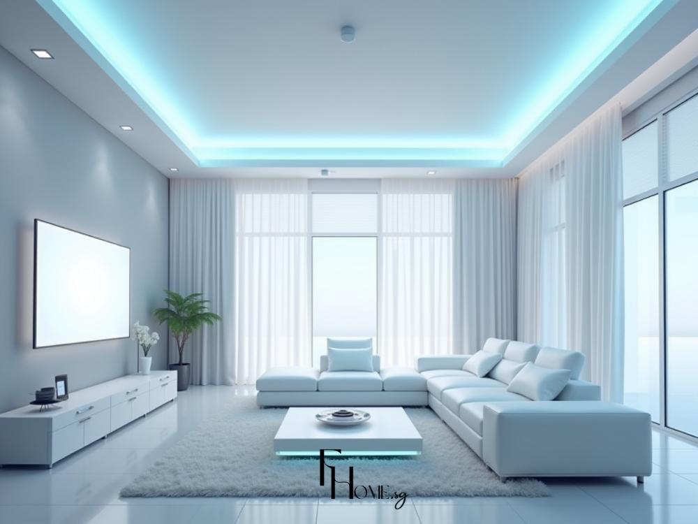 Thiết kế phòng khách với hệ thống Smart Home điều chỉnh ánh sáng, nhiệt độ và âm nhạc tự động