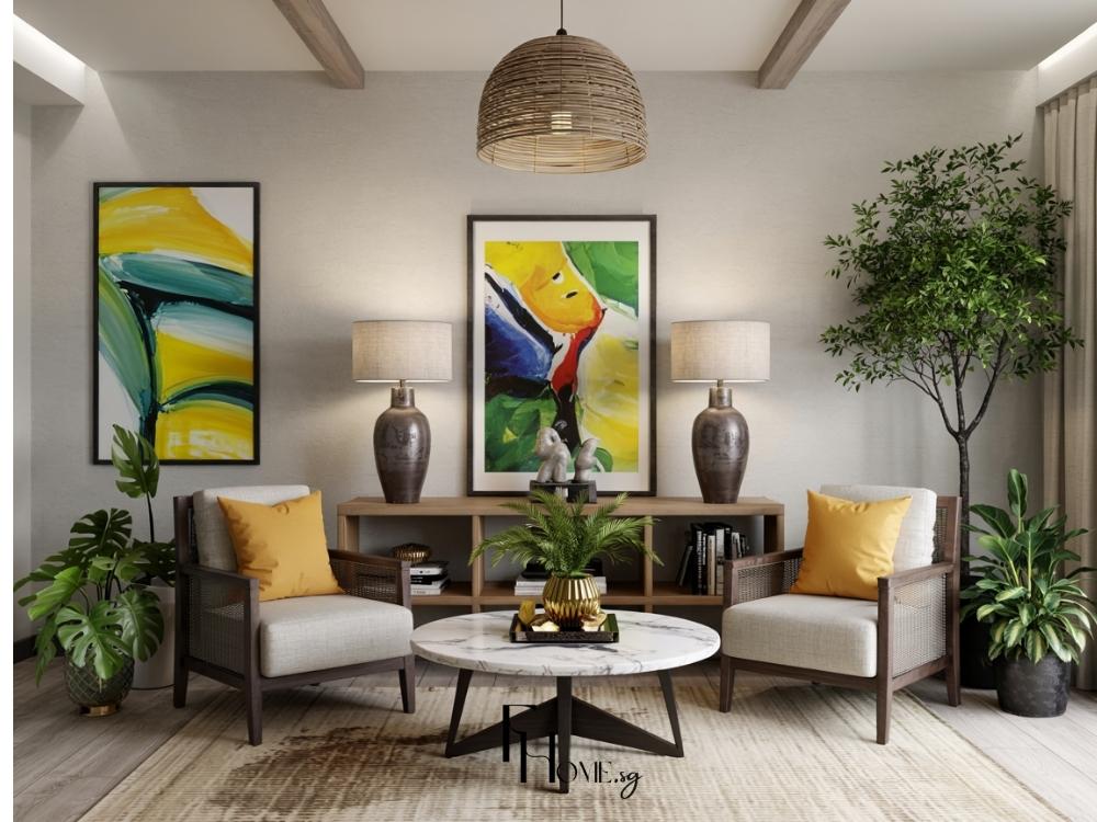 Thiết kế phòng khách với tranh nghệ thuật, lục bình và cây phong thủy