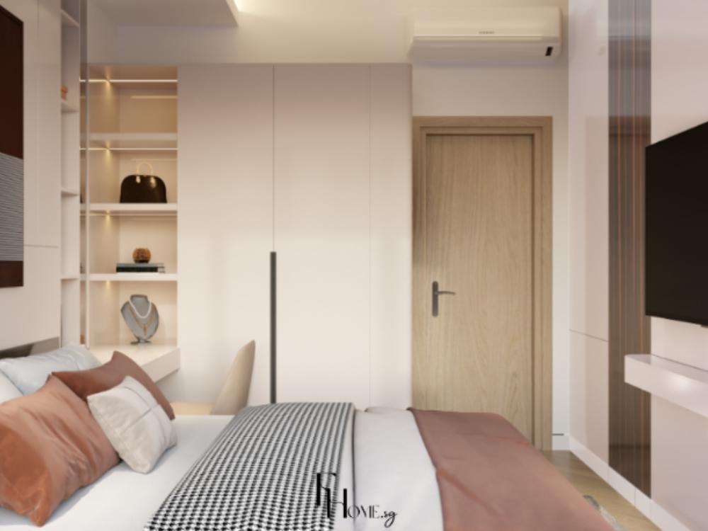 Thiết kế phòng ngủ ấm cúng với giường , tủ đầu giường và ánh sáng nhẹ nhàng