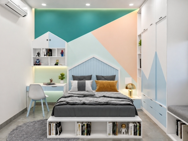 Thiết kế phòng ngủ bé trai nhà phố 5x20m sáng tạo với tường sơn color block