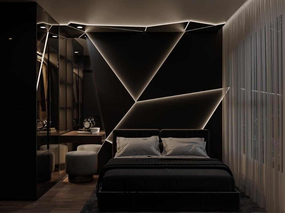 Thiết kế phòng ngủ chung cư 70m2 với giường đa chức năng, tủ âm tường và rèm hai lớp