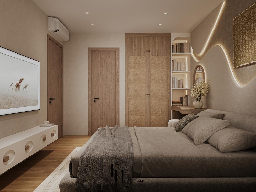 Thiết kế phòng ngủ chung cư 70m2 với giường ngăn kéo, tủ âm tường và ánh sáng vàng ấm