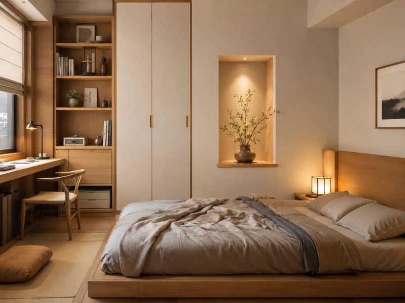 Thiết kế phòng ngủ chung cư phong cách Nhật Bản với giường thấp