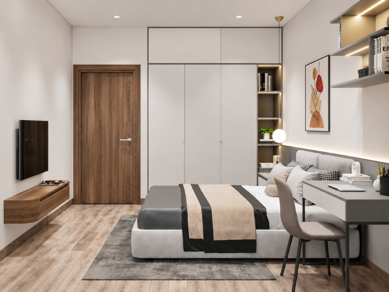 Thiết kế phòng ngủ con nhà phố 2 tầng 3 phòng ngủ bàn học treo tường