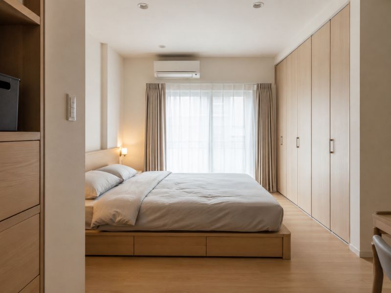 Thiết kế phòng ngủ kiểu Nhật tối giản với giường bệt, tủ âm tường và rèm sáng màu