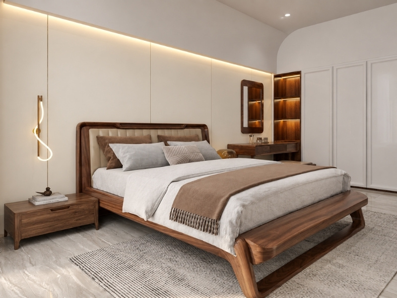 Thiết kế phòng ngủ master nhà phố 2 tầng 240m2 giường bục gỗ óc chó