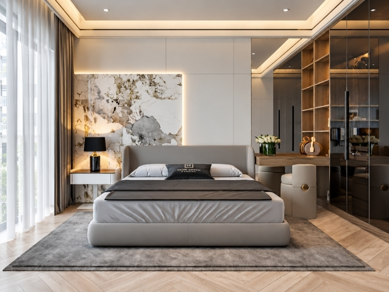 Thiết kế phòng ngủ master nhà phố 2 tầng vách đá hắt sáng sang trọng