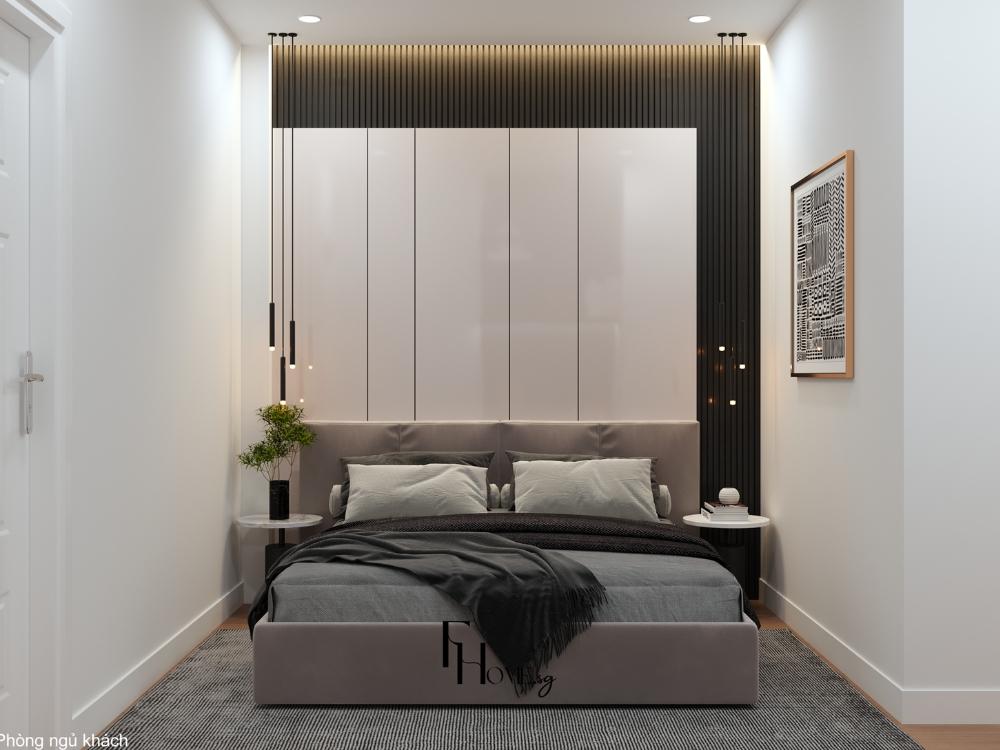 Thiết kế phòng ngủ master nhà phố 4x10m với diện tích khiêm tốn, sử dụng nội thất tối giản nhưng vẫn đầy đủ tiện nghi