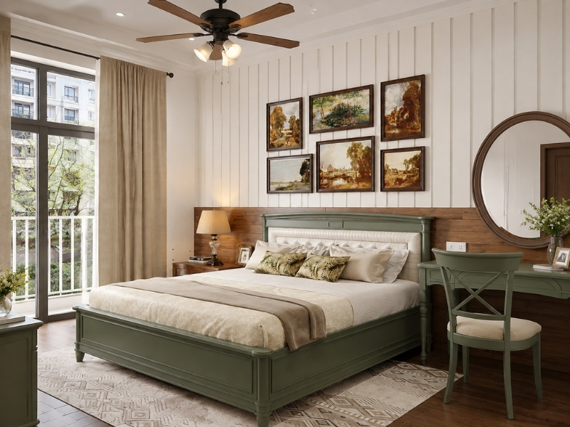 Thiết kế phòng ngủ master nhà phố 5x20 4 tầng phong cách tân cổ điển xanh sage thanh lịch