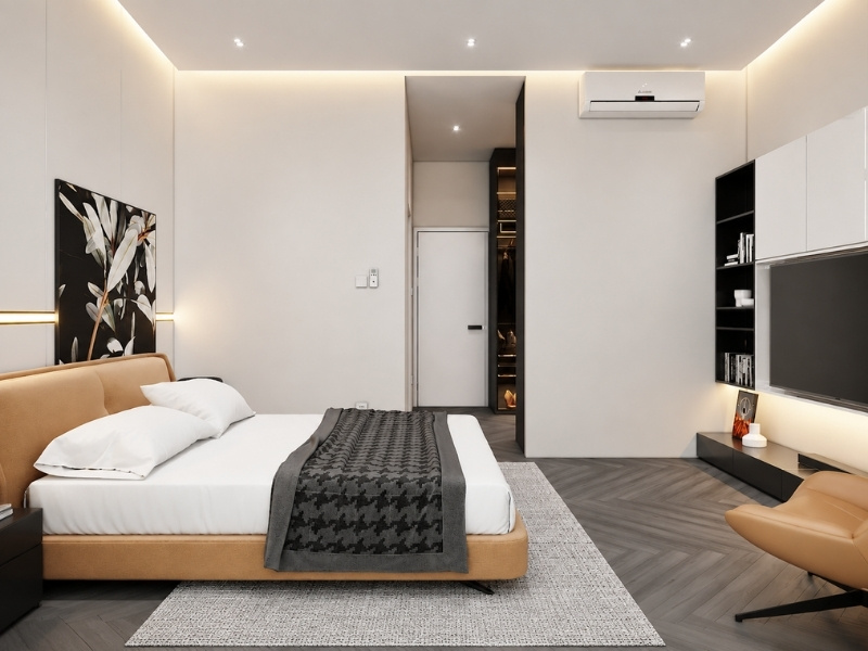 Thiết kế phòng ngủ master nhà phố 5x20 tân cổ điển sàn gỗ xương cá và giường da caramel