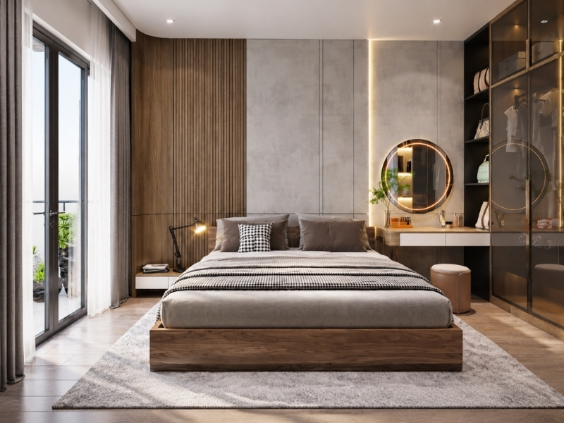 Thiết kế phòng ngủ master nhà phố 5x20 tối giản với giường phản bệt và vách lam gỗ