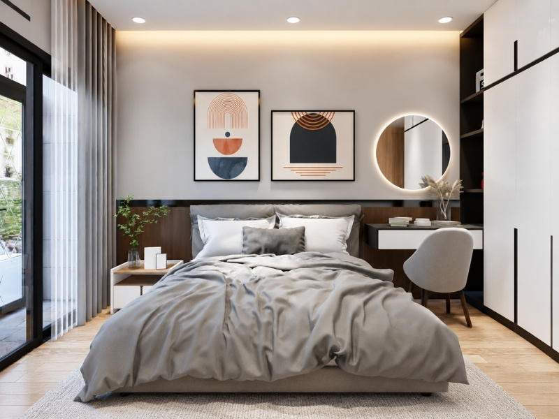 Thiết kế phòng ngủ master nhà phố 5x20m mở cửa lùa đón nắng ban công cạnh bàn trang điểm gương tròn