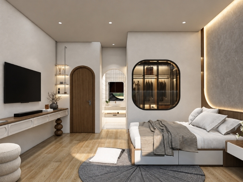 Thiết kế phòng ngủ master nhà phố 66m2 có buồng thay đồ kính bo cong