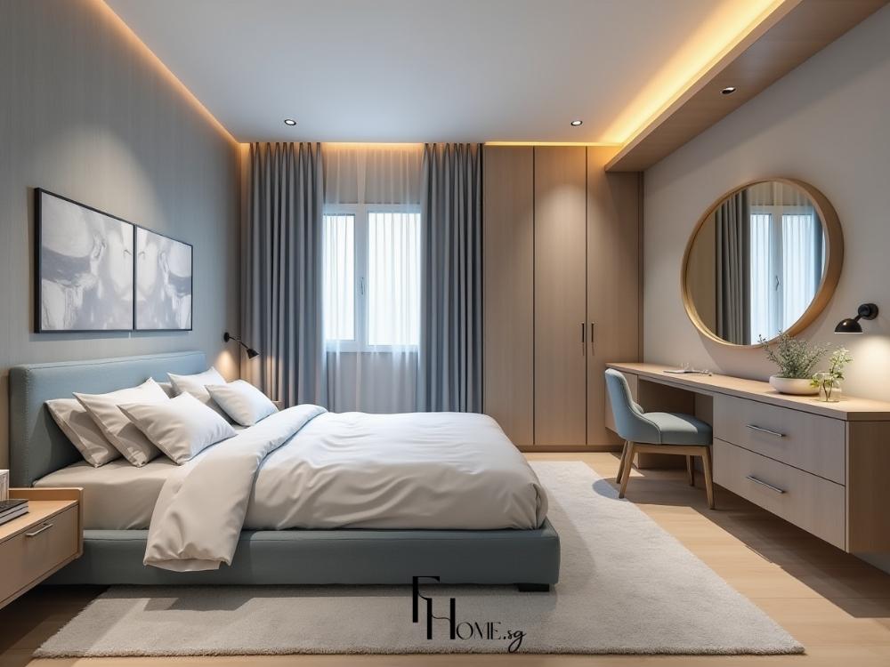Thiết kế phòng ngủ master nhà phố với nội thất sang trọng, tủ quần áo âm tường và không gian thư giãn