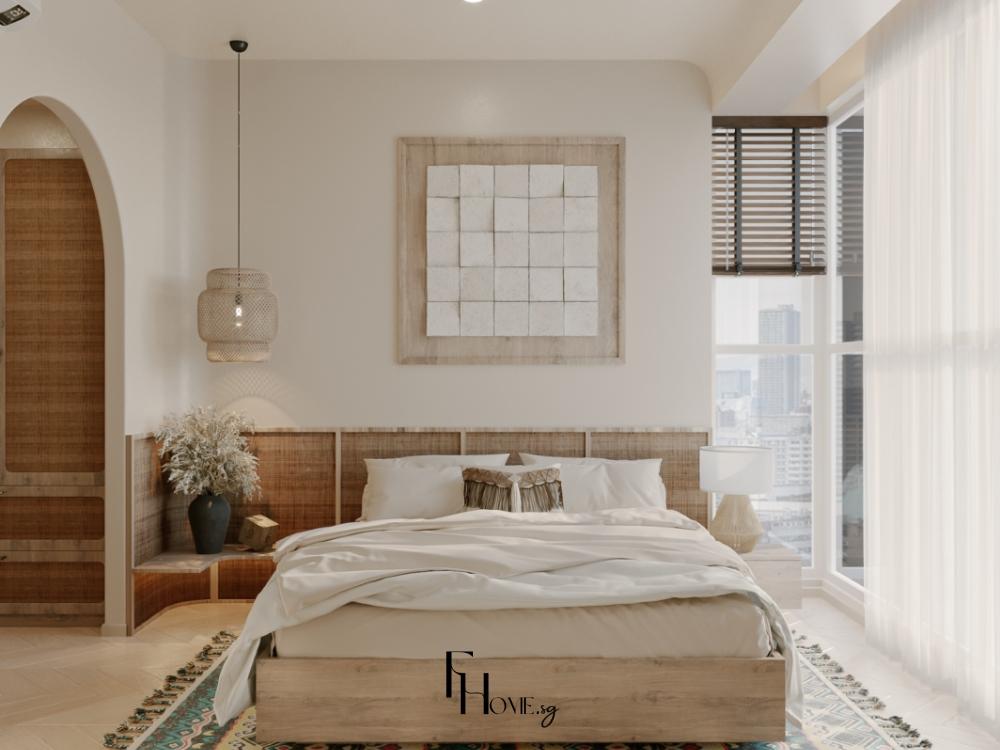 Thiết kế phòng ngủ master rộng rãi, sử dụng nội thất đa năng như giường có ngăn chứa đồ và tủ âm tường