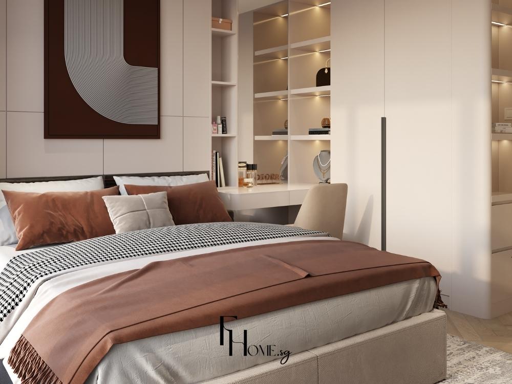 Thiết kế phòng ngủ nhà phố 16x5m phong cách hiện đại điểm nhấn từ chất liệu vải và gỗ tự nhiên, mang đến không gian nghỉ ngơi ấm áp