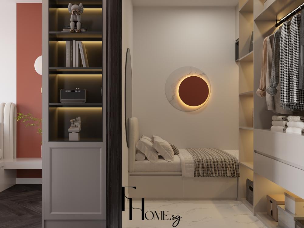 Thiết kế phòng ngủ nhà phố 4x10m phong cách Hiện đại với bố cục tối giản, sử dụng các mảng tường sáng