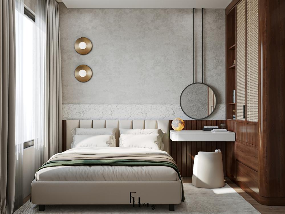 Thiết kế phòng ngủ nhà phố 4x10m phong cách Wabi Sabi sử dụng chất liệu tự nhiên như vải lanh và gỗ mộc, mang đến không gian nghỉ ngơi ấm áp và an tĩnh