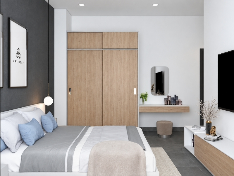 Thiết kế phòng ngủ master nhà phố 50m2 có tủ áo cánh lùa và bàn trang điểm treo