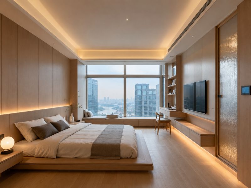 Thiết kế phòng ngủ phong cách Nhật Bản hiện đại với tủ gỗ, đèn hắt và cửa sổ lớn