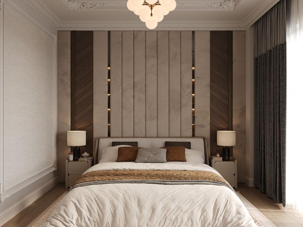 Thiết kế phòng ngủ phong cách Tân cổ điển với gam màu be nhạt, giường gỗ tự nhiên chạm khắc nhẹ và ánh sáng vàng ấm áp.