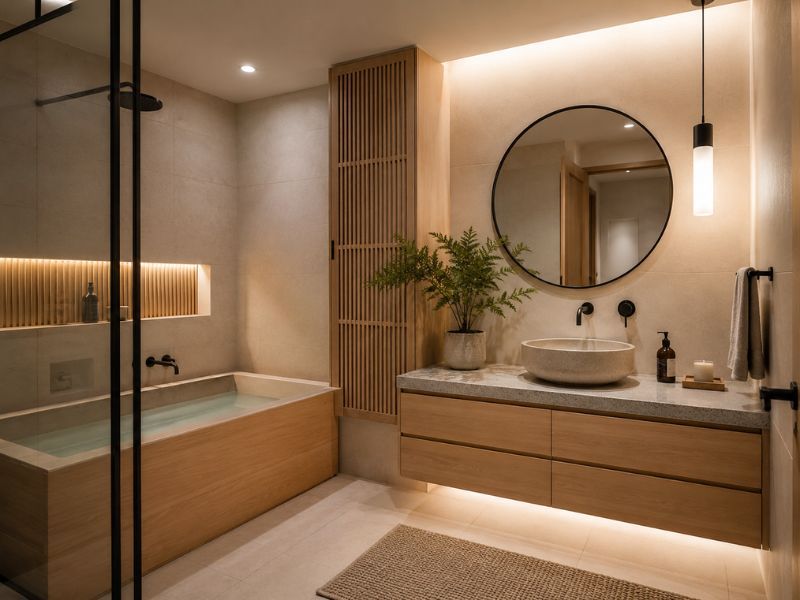 Thiết kế phòng tắm chung cư phong cách Nhật Bản với tủ lavabo gỗ, gương tròn và bồn tắm âm