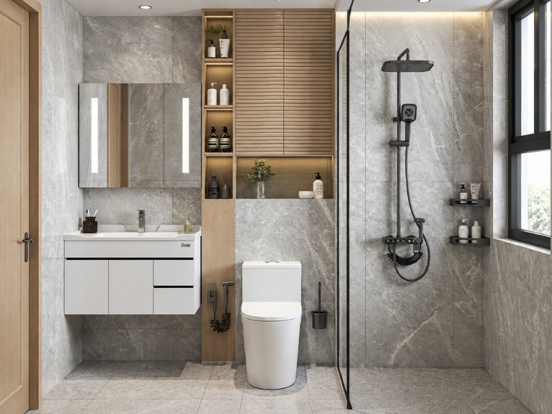 Thiết kế phòng tắm nhà phố 2 tầng hiện đại vách kính khung đen