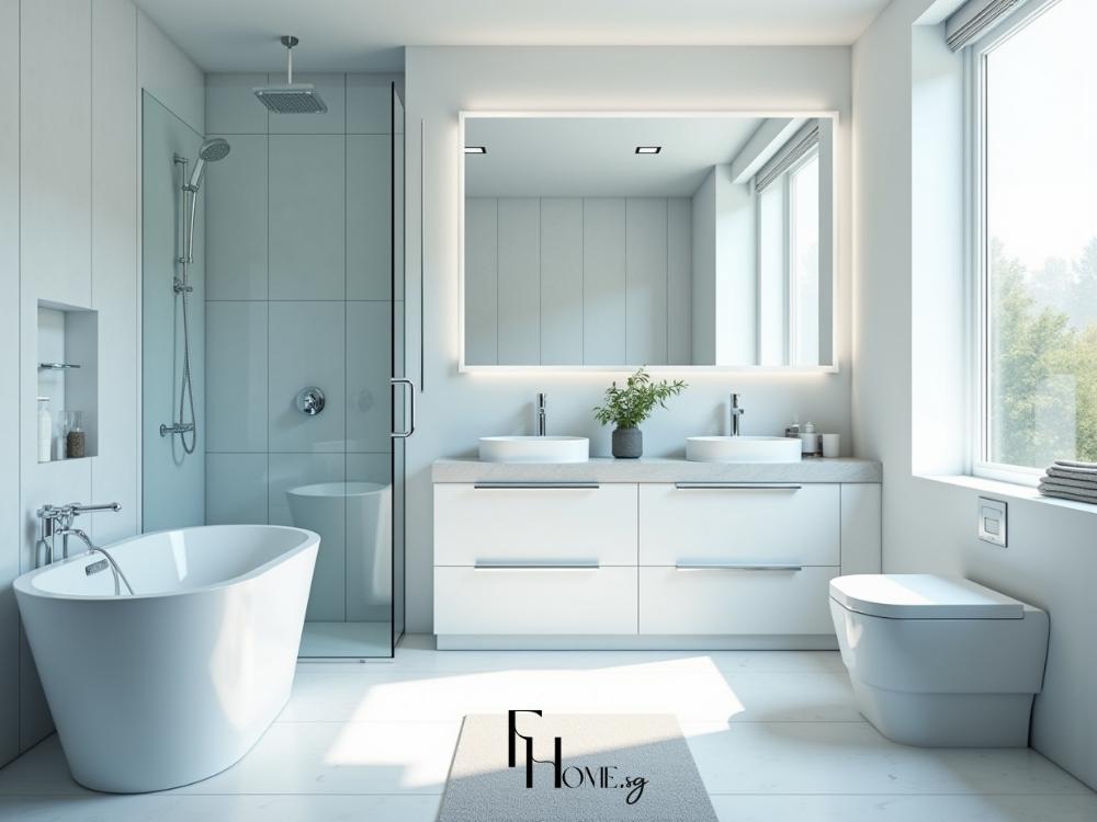 Thiết kế phòng tắm nhà phố với vách kính cường lực, gương LED chống mờ