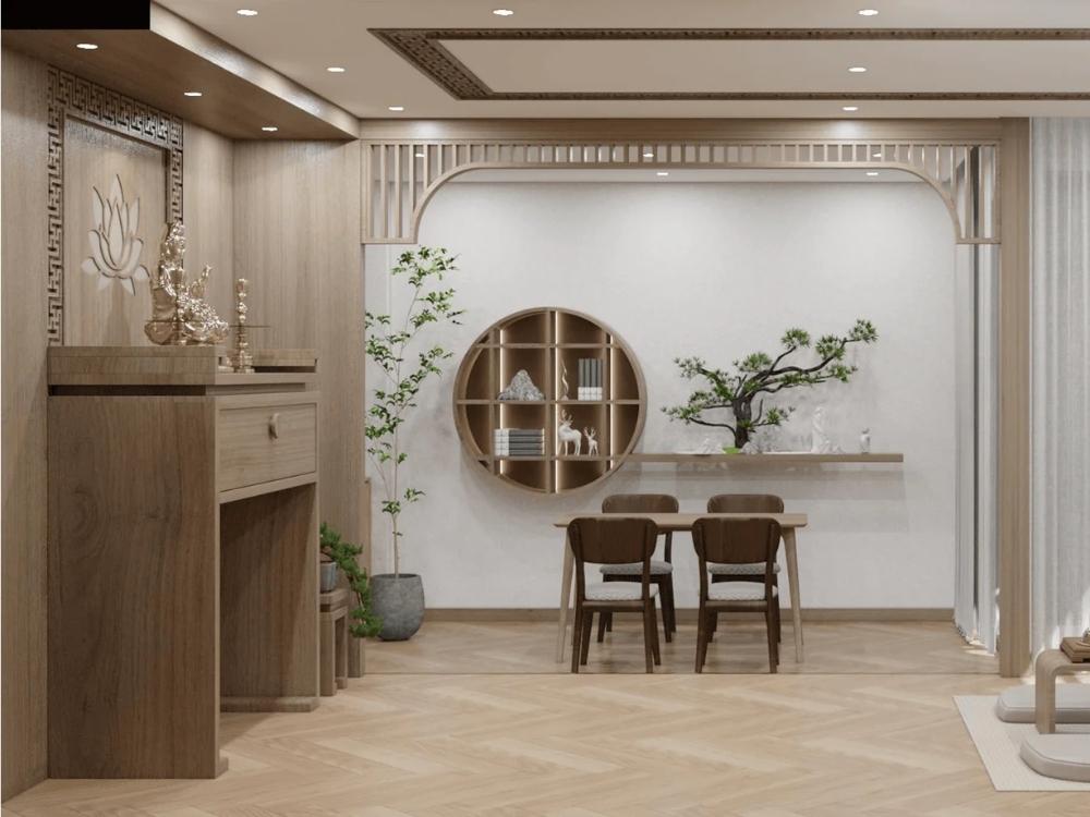 Thiết kế phòng thờ đơn giản nhưng thanh nhã, sử dụng nội thất gỗ sẫm màu và không gian thông thoáng.