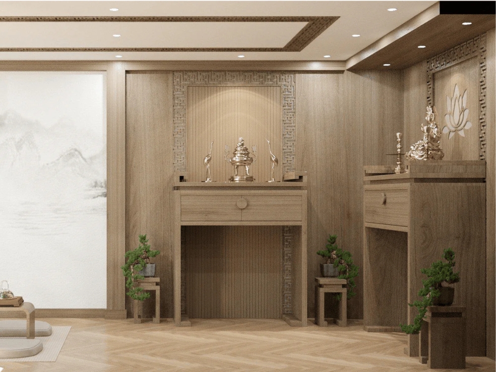 Thiết kế phòng thờ tầng 2 nhà phố 16x5 3 tầng trang nghiêm với nội thất gỗ tự nhiên, ánh sáng hài hòa và bố trí cân đối