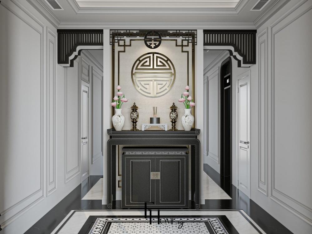 Thiết kế phòng thờ với bàn thờ gỗ tự nhiên, chiếu sáng vàng ấm