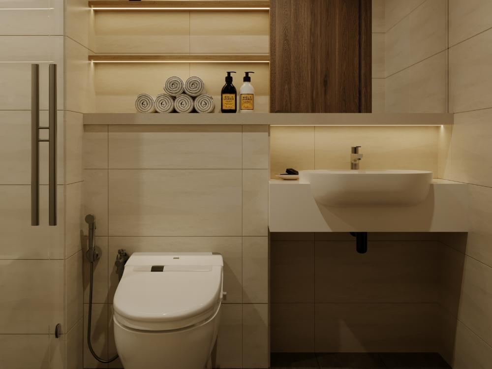 Thiết kế phòng vệ sinh chung cư 70m2 với bồn cầu và lavabo treo tường