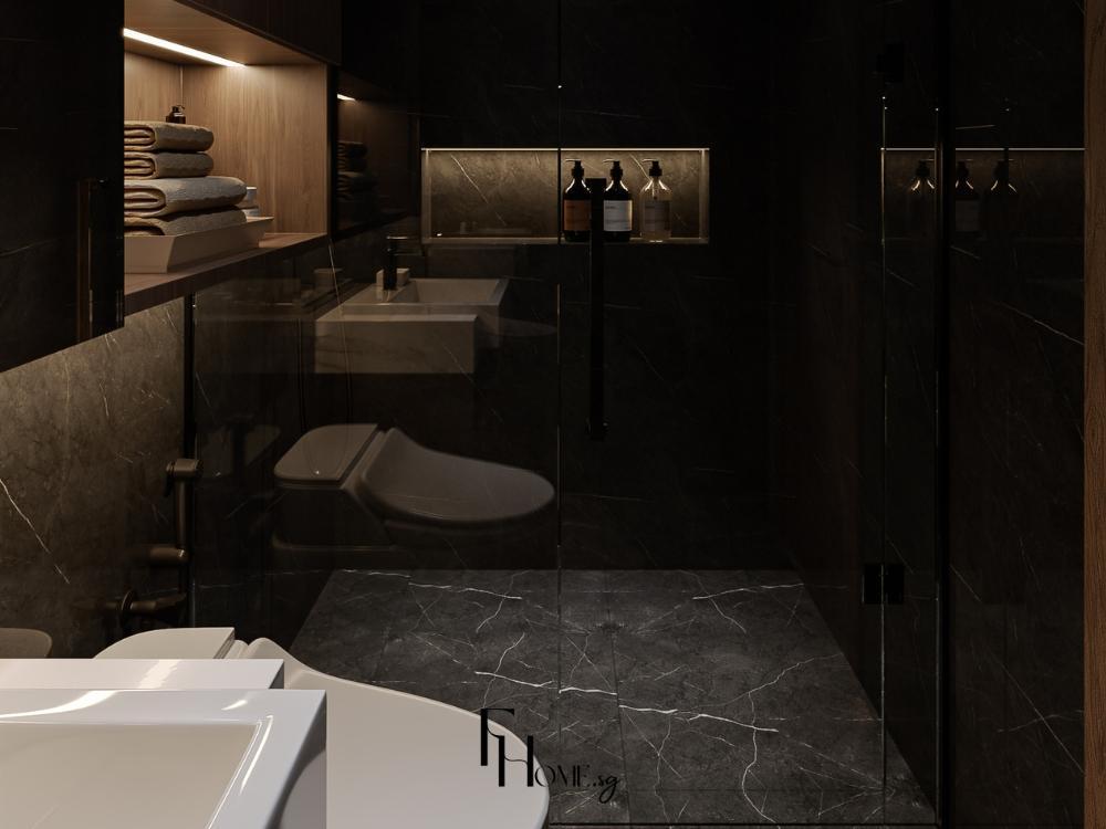 Thiết kế phòng vệ sinh chung cư 70m2 với gạch ốp lớn, thiết bị vệ sinh treo tường và vách kính