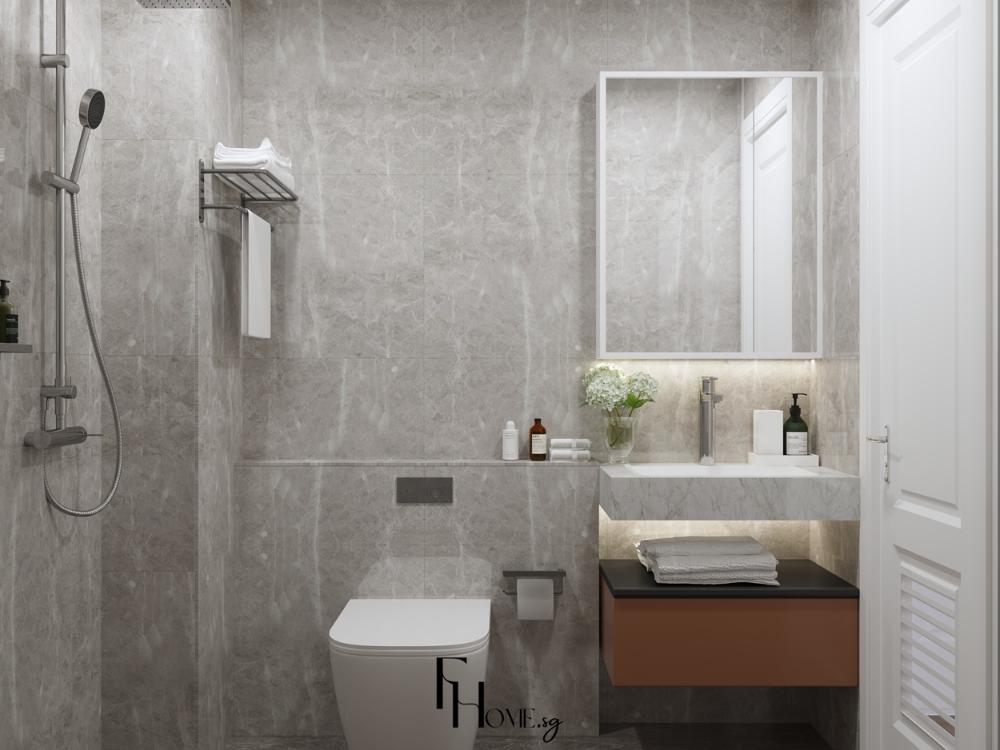 Thiết kế phòng vệ sinh nhà phố 4x10m với bố trí tối ưu nội thất và hệ thống chiếu sáng đầy đủ