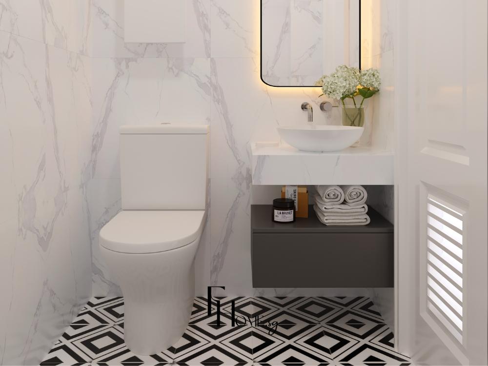 Thiết kế phòng vệ sinh nhà phố 4x10m với gạch lát sàn và ốp tường khổ lớn, màu sáng và bề mặt bóng